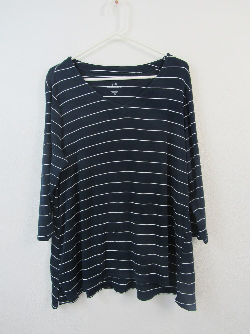 J. Jill XL Tall Black White Striped Pima 3/4-Sleeve V Neck Top Cotton Casual